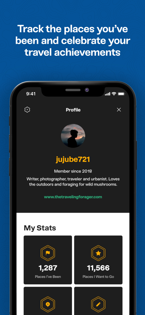 Atlas Obscura Travel Guide - Atlas Obscura app profile screen showing travel statistics and achievements.