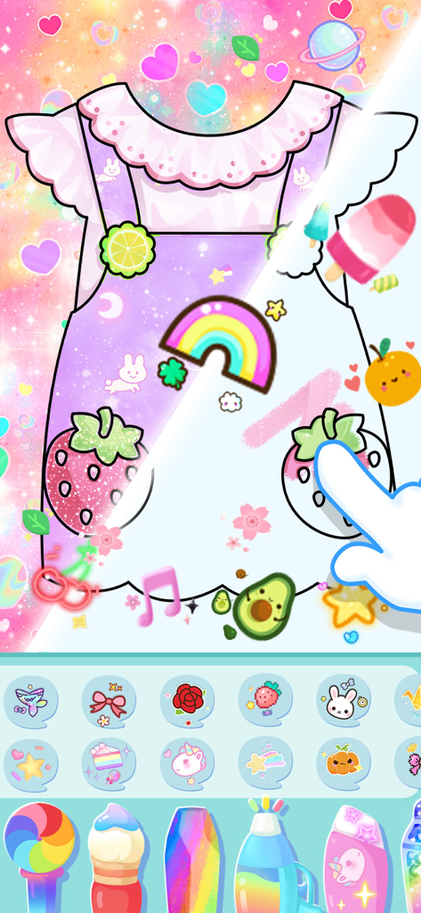 A digital coloring screen showing a purple dress decorated with rainbow and strawberry stickers and glitter textures.