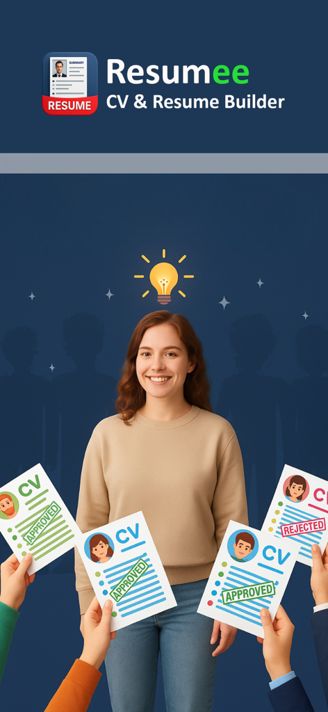 Eine Illustration einer professionellen Lebenslauf-Ersteller-App, die eine Frau mit einer Idee und mehreren genehmigten Lebensläufen zeigt