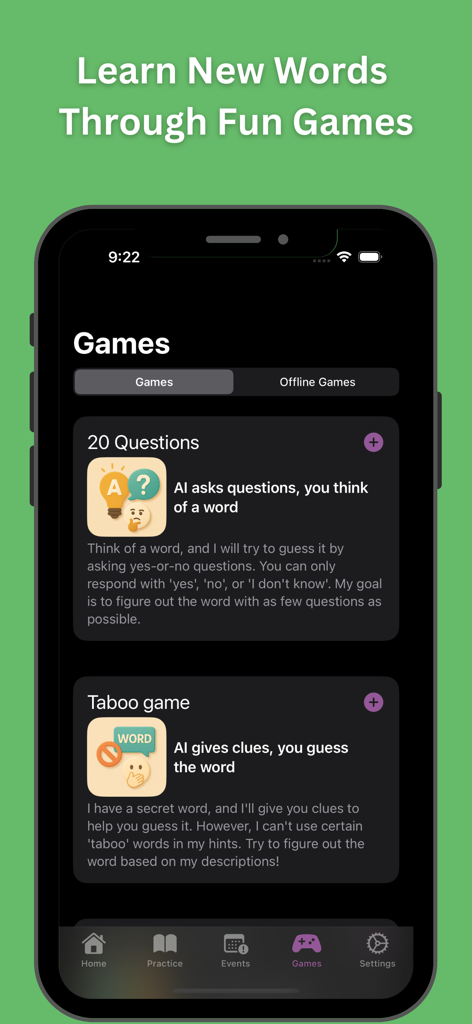 iPolyglot: Learn Language AI - A mobile app screen showing interactive AI language games like 20 Questions and Taboo for learning new vocabulary.
