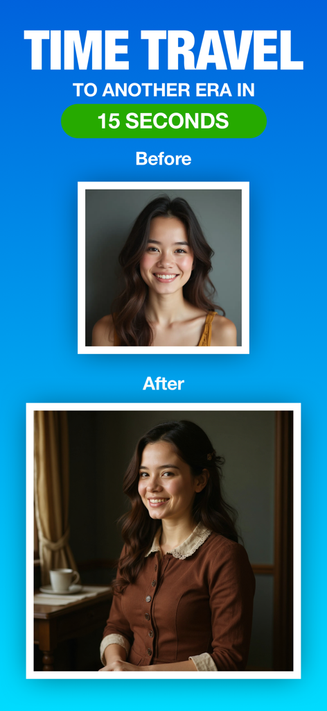 Before and after comparison of a modern portrait transformed into a vintage era photo using AI