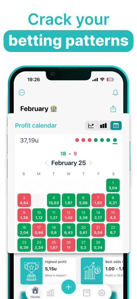 A mobile screen showing the Bet Journal profit calendar with daily winning and losing betting records