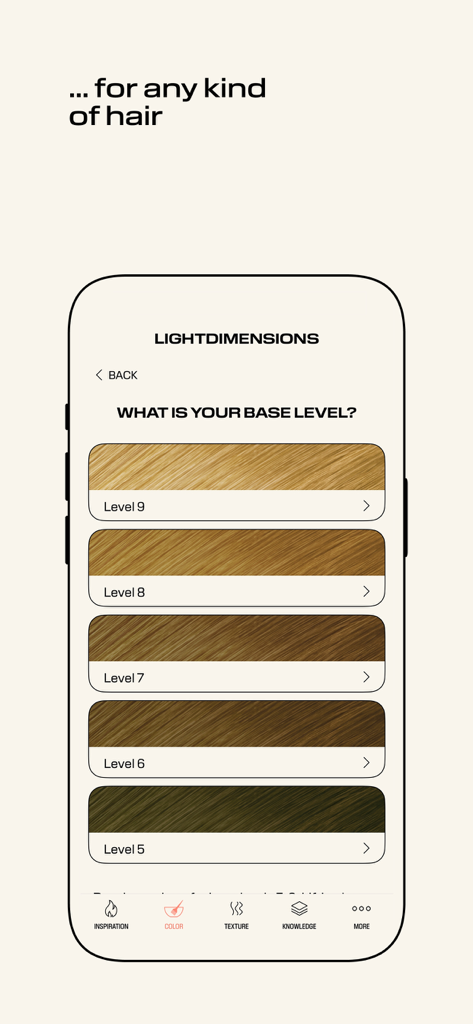 GOLDWELL EDUCATION PLUS - Goldwell Education Plus app interface for selecting hair base levels in LightDimensions.