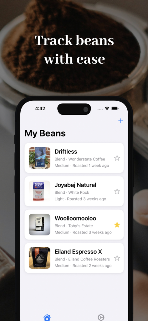Dial In Espresso - Smartphone screen showing the My Beans list in the Dial In Espresso app with various coffee roast details and photos