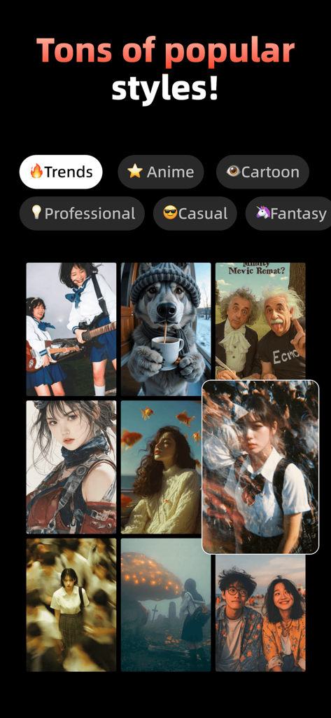 Aurora - AI Video Generator - A grid showcasing various AI video styles including anime cartoon and fantasy themes within the Aurora app.
