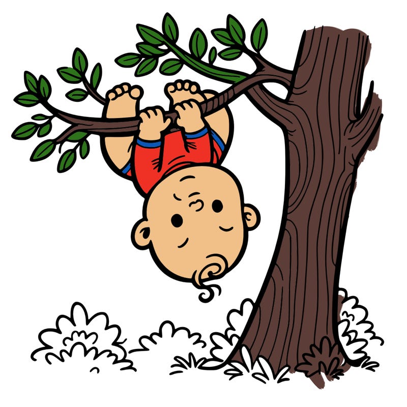 a baby hanging upside down from a tree