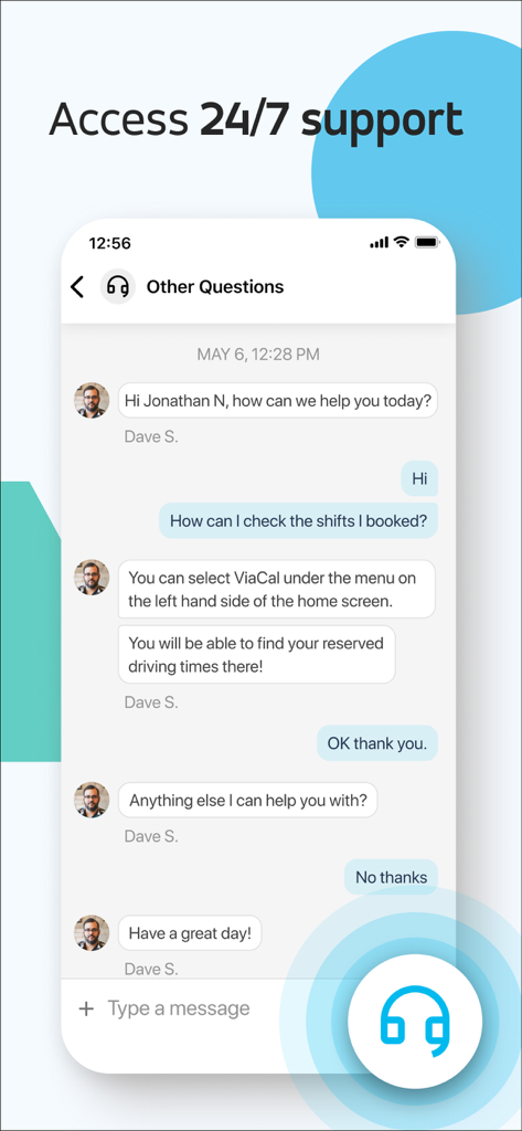 Via Driver - Interface de l'application Via Driver affichant un chat en direct 24h/24 et 7j/7 pour l'assistance aux chauffeurs