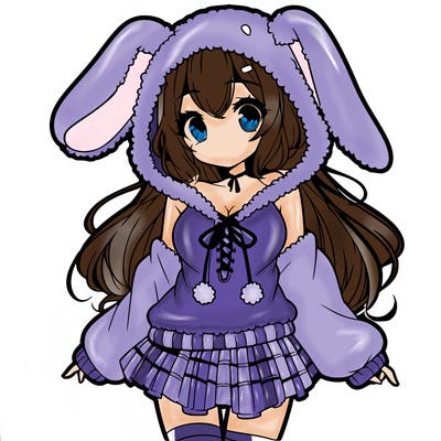 pretty anime girl wearing a fluffy hoodie with bunny ears on the hood and a skirt
