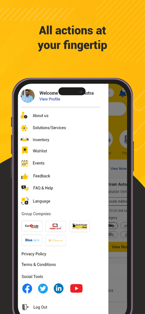 MySAMIL - Side menu of the MySAMIL app showing navigation options like inventory, wishlist, events, and group company links
