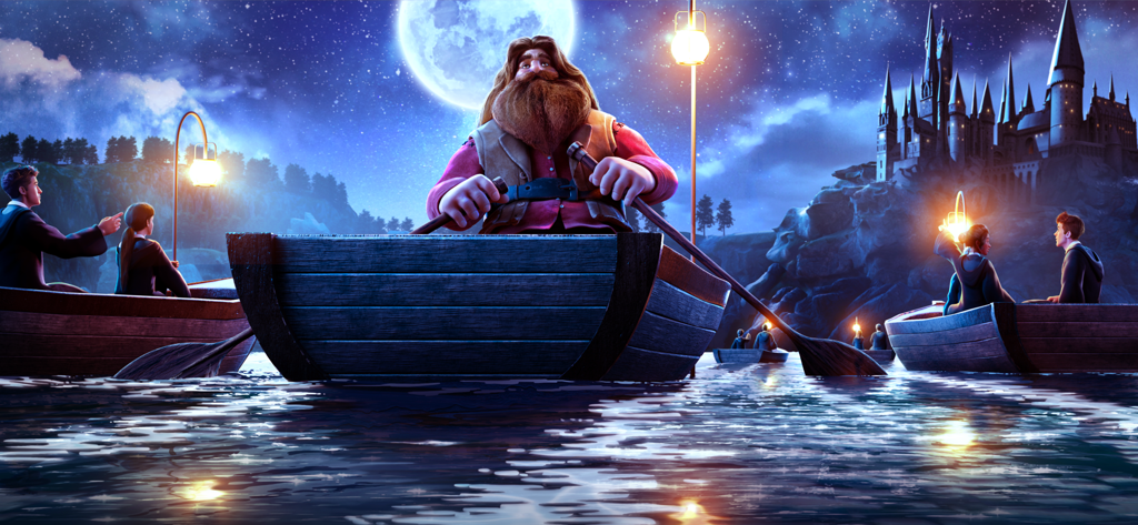 Hagrid rudert ein Boot in Richtung Hogwarts-Schloss bei Nacht unter einem Vollmond
