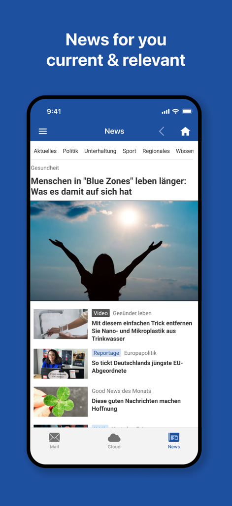 GMX - Mail & Cloud - A screenshot of the GMX app news feed showing current and relevant articles.