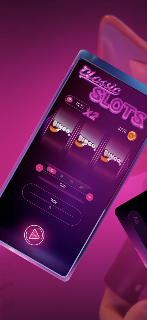 Pantalla de juego de tragamonedas clásicas en la aplicación Bingo Plus Juegos Online con una interfaz de color morado neón.