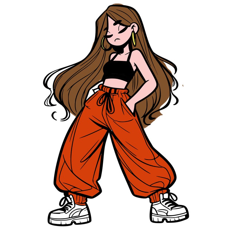 girl in baggy pants crop top and long hair
