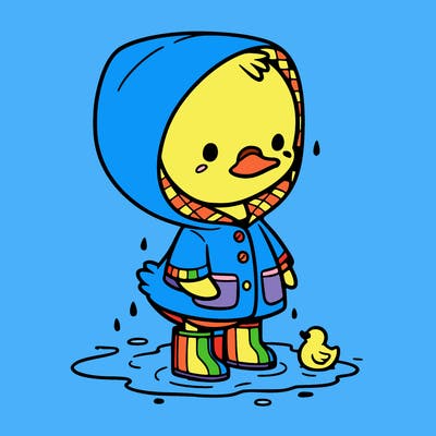 baby duck in a rain coat and boots, in a puddle while it’s raining