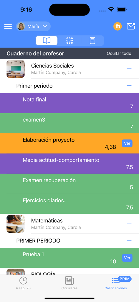 Esemtia Connect - Academic grades and progress tracking screen in the Esemtia Connect mobile app