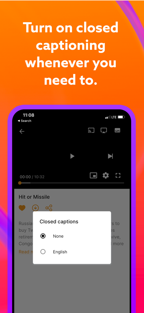 Une capture d'écran du lecteur vidéo de l'application WORLD Watch News montrant le menu des paramètres des sous-titres avec des options pour l'anglais.