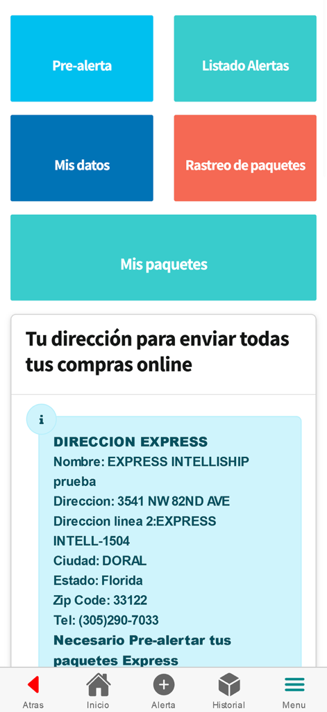 Intelliship - Intelliship app dashboard showing the US shipping address in Florida and buttons for tracking packages