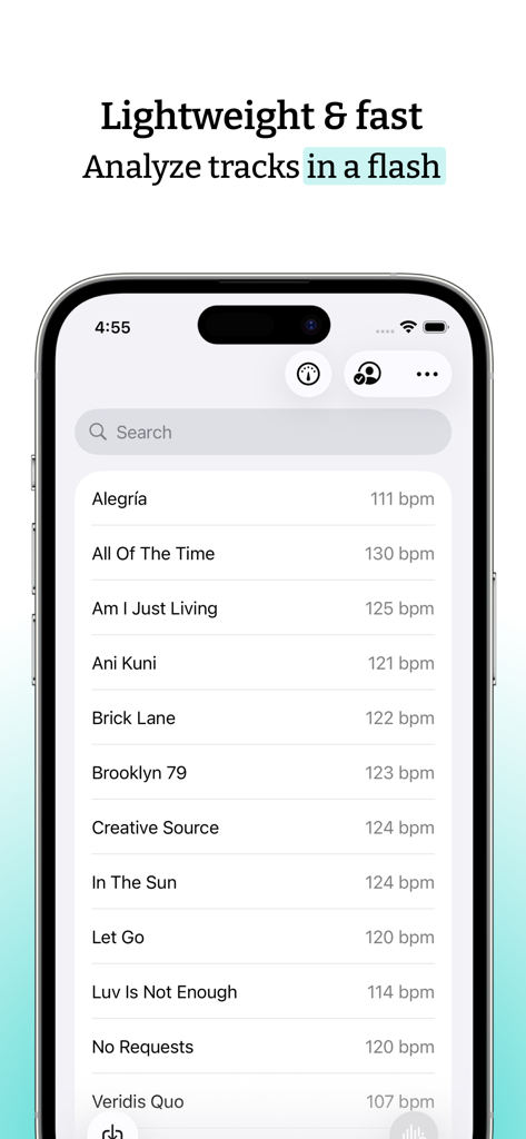 BPM Finder app displaying a list of analyzed music tracks with beats per minute.
