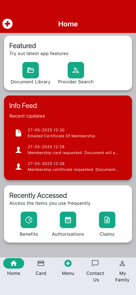 Generation Health - The home screen of the Generation Health medical aid app showing member updates and health management features