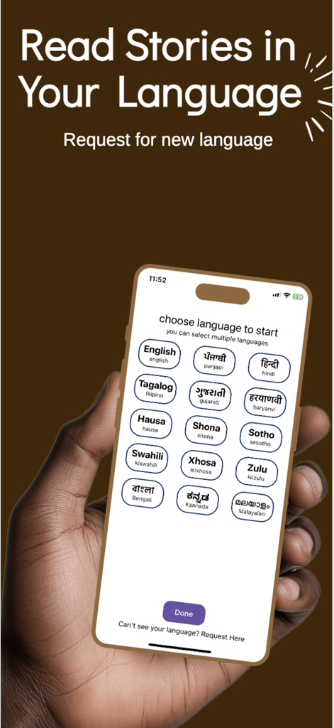 Kalam - stories app - Kalamストーリーアプリの言語選択画面が表示されたiPhoneを持つ手。英語、ヒンディー語、パンジャーブ語などのオプションがあります。