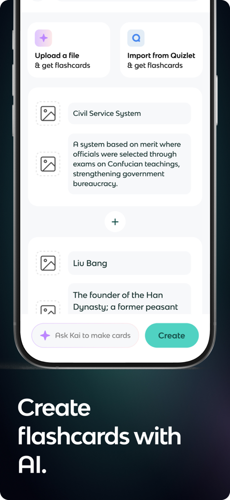 업로드된 파일 및 Quizlet 가져오기에서 AI 플래시카드 생성 기능을 보여주는 Knowt 앱의 모바일 인터페이스.
