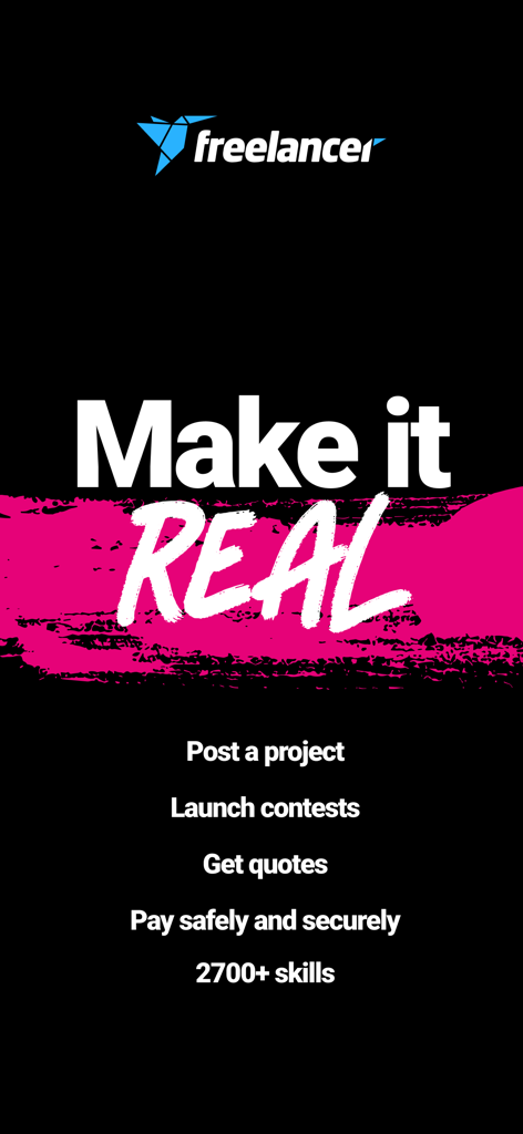 Freelancer - Hire & Find Jobs - Pantalla de bienvenida de la aplicación Freelancer con el lema Make it REAL y una lista de servicios principales como publicación de proyectos y pagos seguros