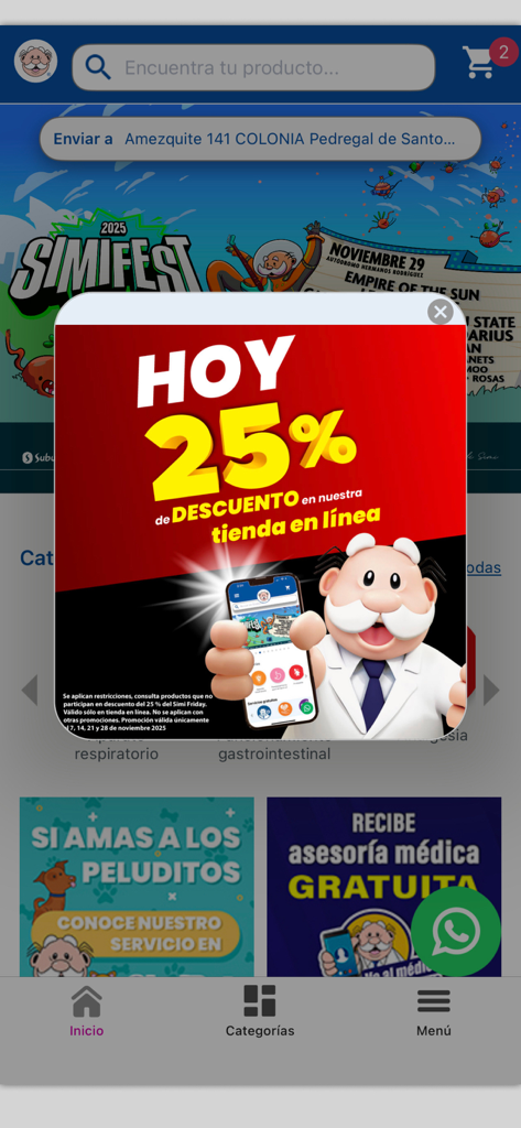 Mobile App-Oberfläche von Farmacias de Similares mit einem Pop-up mit 25 Prozent Rabatt und dem Maskottchen Dr Simi
