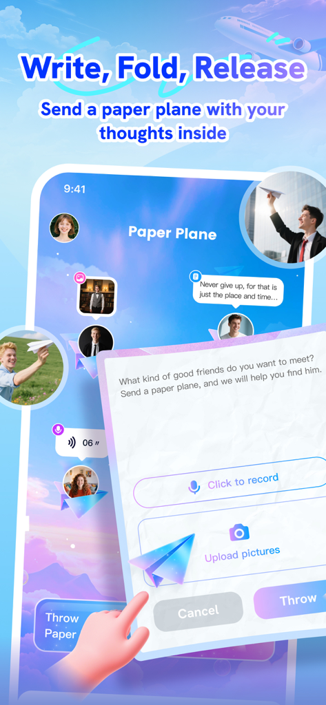 Fyla: Fly, Chat & Play - Interfaz de la app Fyla que muestra la función de mensajes en avión de papel con opciones para añadir texto, audio e imágenes
