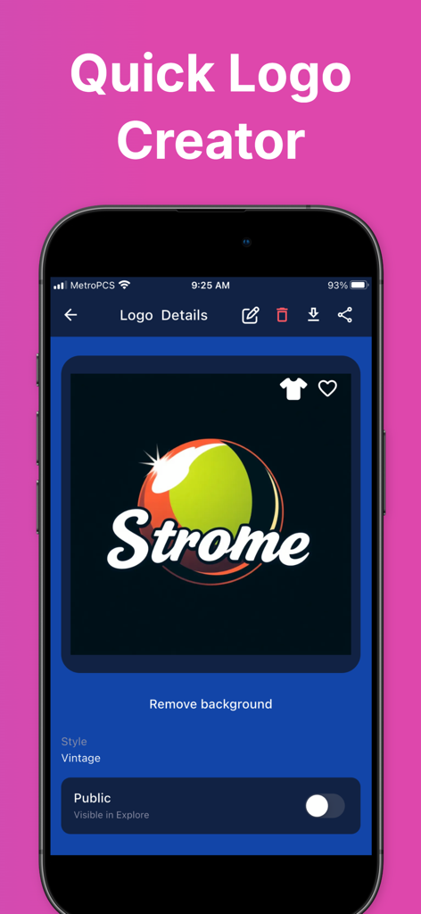 Logo Maker 3D - A smartphone screen showing the Quick Logo Creator interface within the Logo Maker 3D app, displaying a vintage-style logo for Strome.