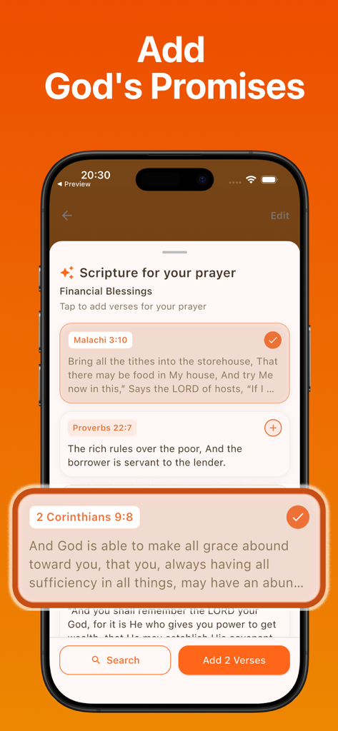 Pray Haven: Christian Journal - Interfaz de la aplicación Pray Haven que muestra una lista de versículos bíblicos sobre bendiciones financieras para agregar a un diario de oración.