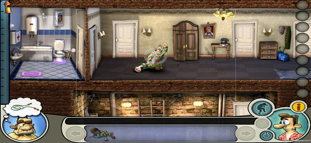 A cartoon scene from Neighbours from Hell showing the neighbor falling into a trap set by the player