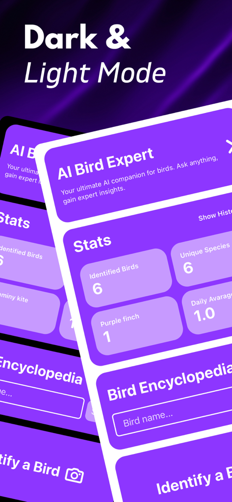 Interfaz de la aplicación Bird ID que muestra el panel en modos oscuro y claro, incluidas funciones como Experto en Aves IA y estadísticas de identificación de aves