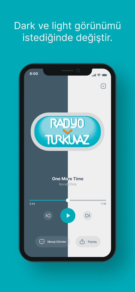 Turkuvaz Radyolar - Turkuvaz Radyolar app screenshot displaying the dark and light mode appearance options on the radio player screen