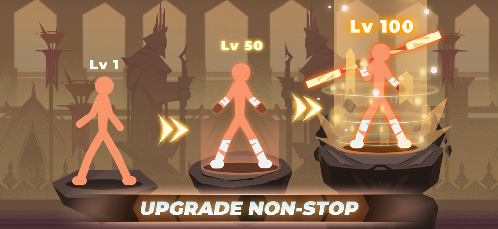 Stickman vs Monster: Idle RPG - Personaggio stickman che sale di livello da uno a cento con aggiornamenti visivi e armi