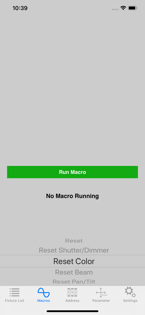 Fixture Tester - Macros interface in the Fixture Tester app with options to run fixture reset commands