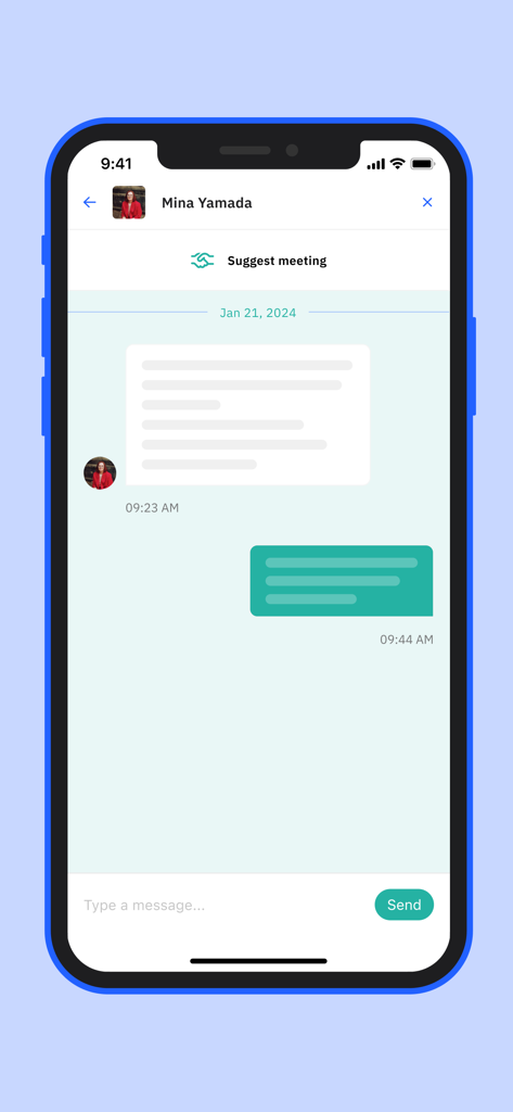 FinTech México - Interface for professional messaging and meeting scheduling within the FinTech Mexico app