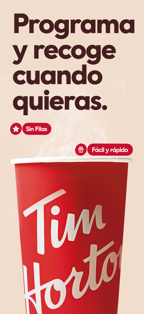 TIM HORTONS MX - Función de la app móvil Tim Hortons MX para programar y recoger pedidos de café sin hacer fila
