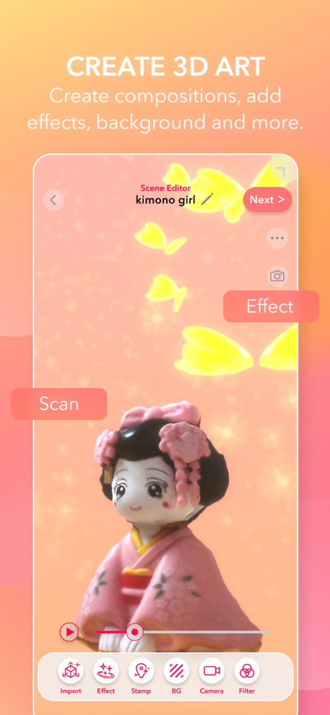 WIDAR app screen for creating 3D art with scanned models and special effects