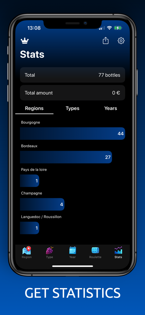 Pantalla de la aplicación móvil Vino Cellar que muestra estadísticas de la colección de vinos organizadas por regiones francesas