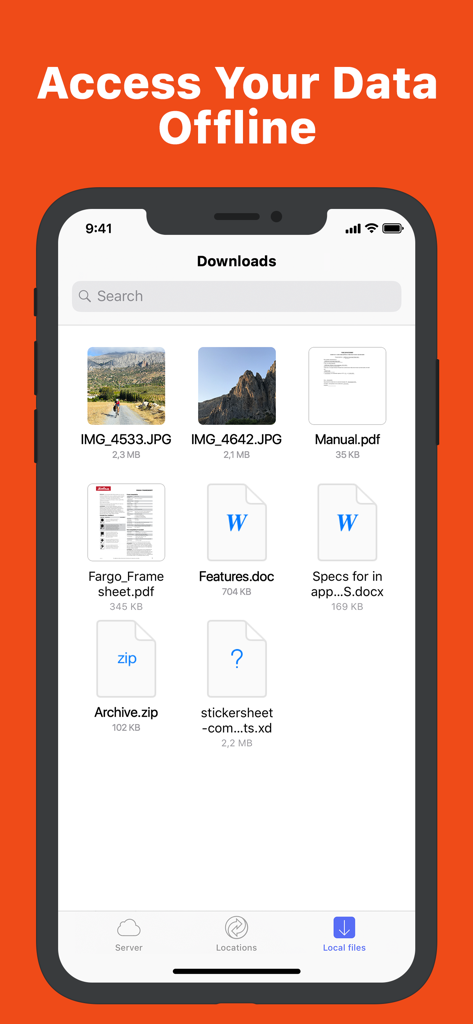 GoodSync - GoodSync app interface displaying a list of downloaded photos and documents for offline access