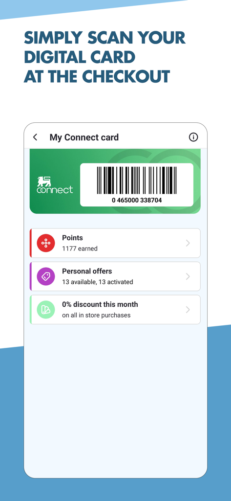 Digital loyalty card screen in the Mega Image app showing a barcode and earned reward points