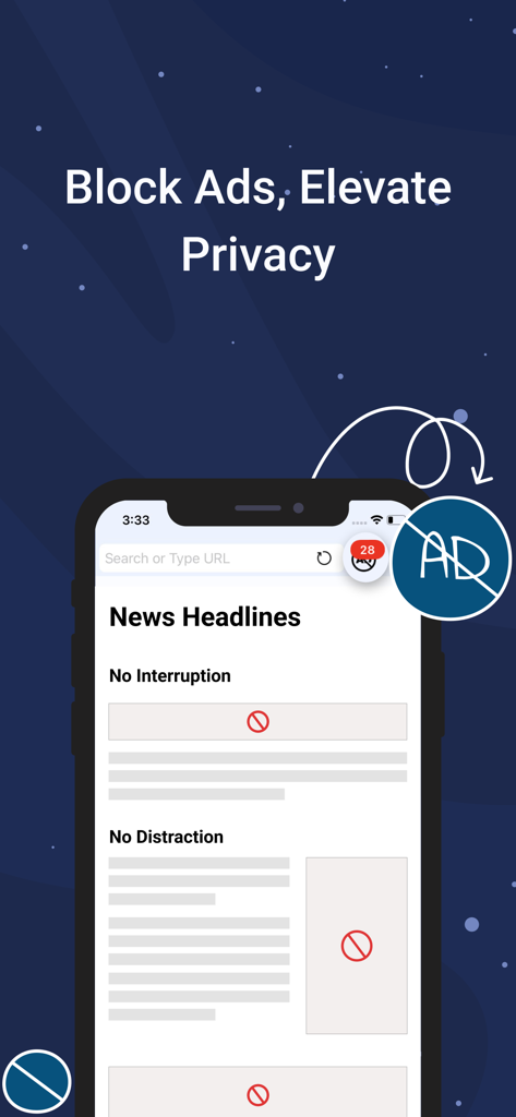 Private Browser: Web Browser - Screenshot der Ghost Private Browser-App mit integrierter Anzeige-Blockierung auf einer mobilen Nachrichtenwebsite für ein ablenkungsfreies Erlebnis.