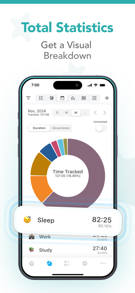 aTimeLogger: Work Time Tracker - aTimeLogger app interface showing a pie chart with a visual breakdown of time spent on sleep work and study activities