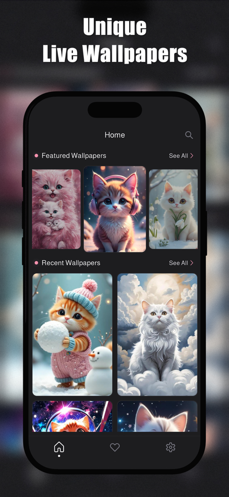 Cute Cat Wallpapers HD - Pantalla de inicio de la aplicación Fondos de Pantalla de Gatos Lindos HD mostrando secciones seleccionadas de fondos de pantalla artísticos de gatos.