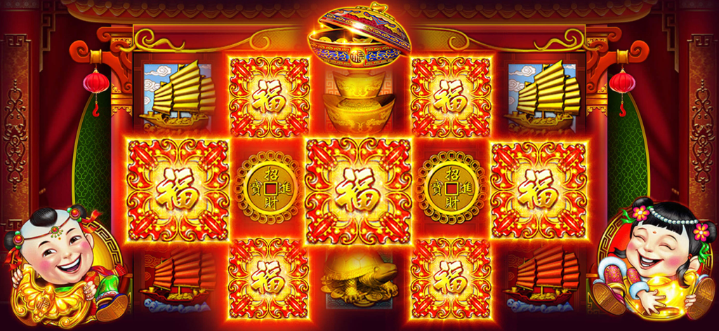 A colorful Chinese-themed slot machine interface in Royal Club Casino featuring gold symbols and lucky children.