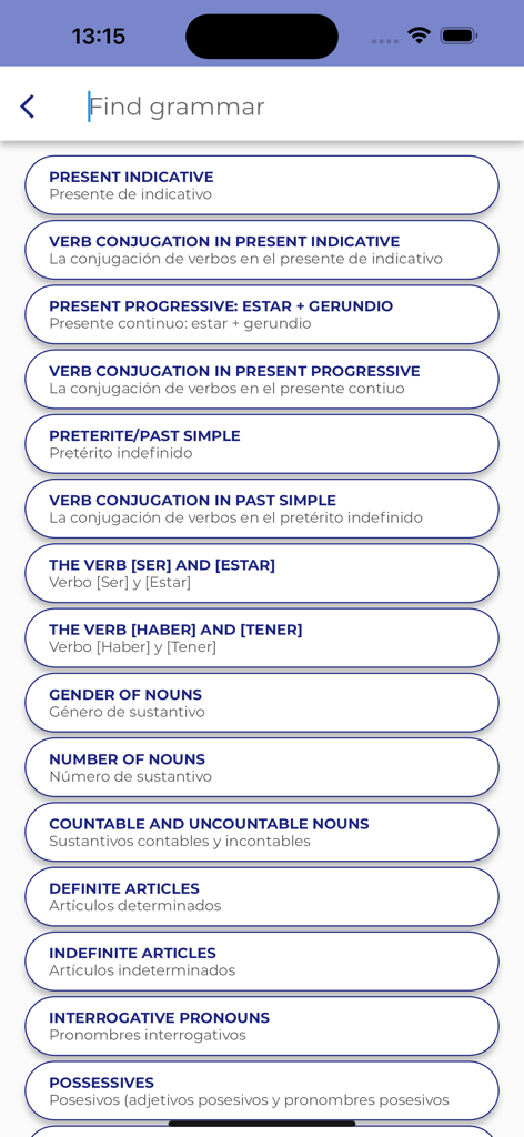 Spanish GrammarーLessons・Tests - A menu showing a list of Spanish grammar topics like present indicative, past simple, and noun gender with English and Spanish translations.