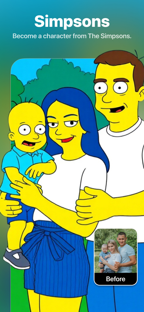 A family photo transformed into characters from The Simpsons using AI