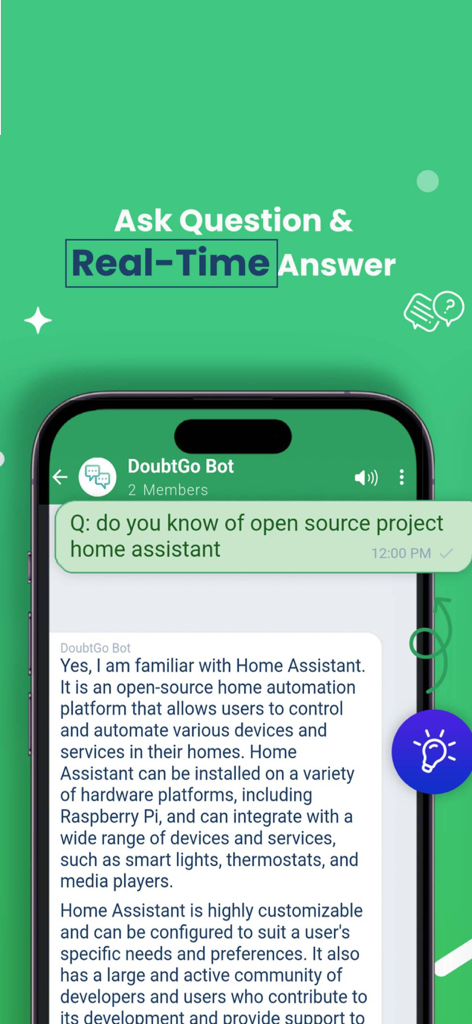 AI Homework Helper & Study App - Doubt Go app interface showing an AI bot providing real time answers to questions.