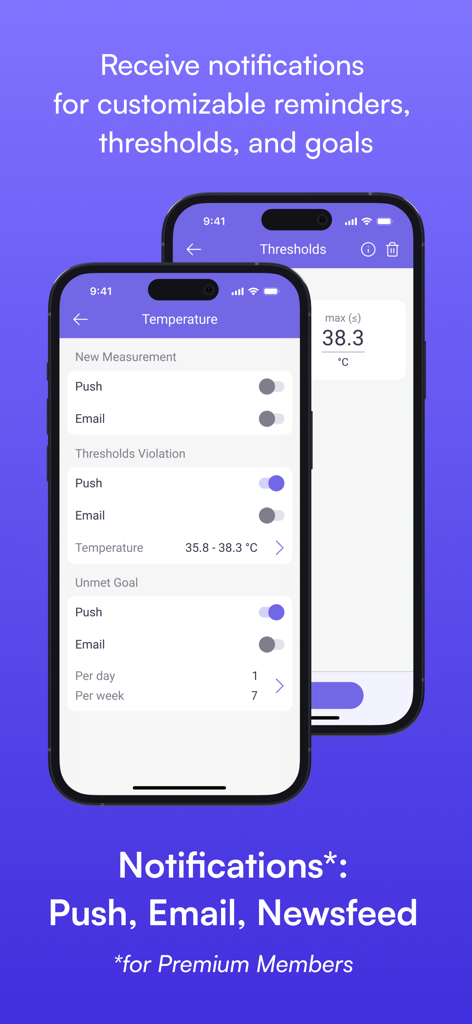 MedM app screen showing customizable notification settings for body temperature alerts and goals