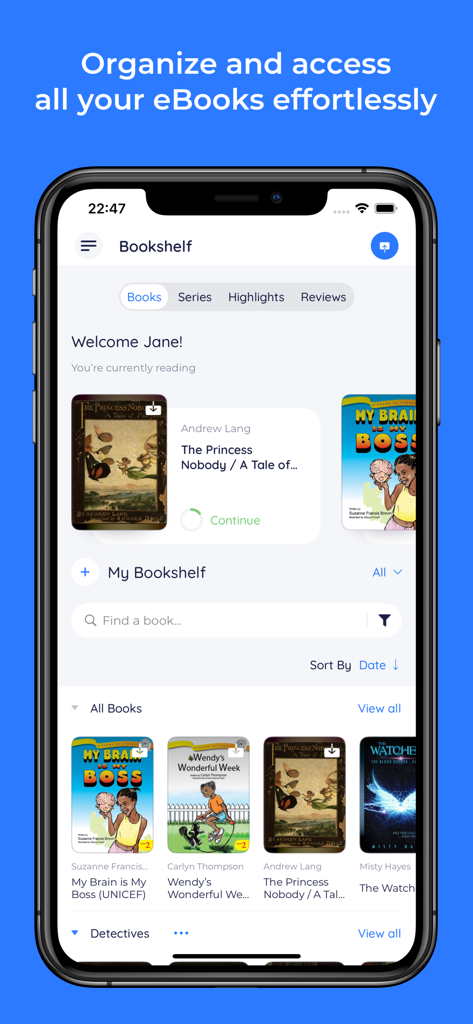 BookFusion-App-Oberfläche zeigt ein digitales Bücherregal mit organisierten eBook-Covern und Lesefortschritt auf einem iPhone-Bildschirm.